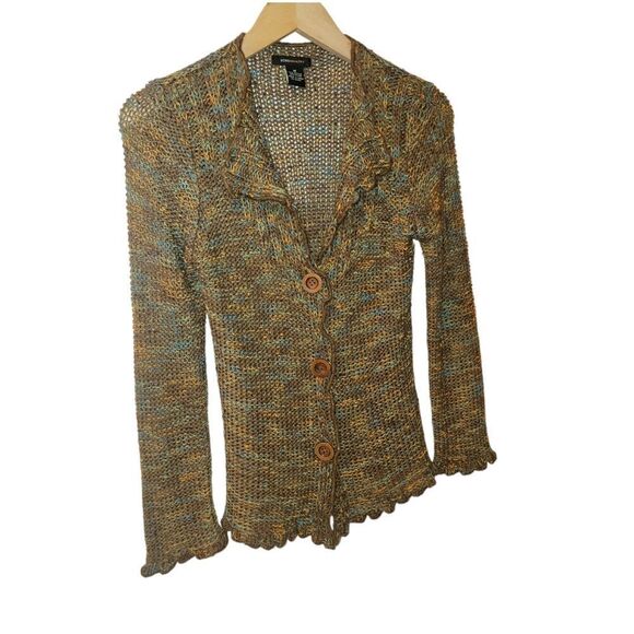 BCBG MAXAZRIA Brown Burnt Orange Chunky Nubby Open Knit Cardigan Sweater M - Picture 2 of 10